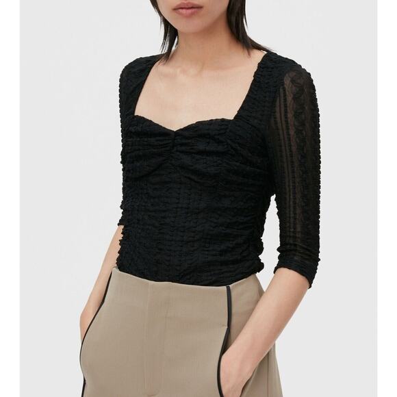 Ganni Ruched Stretch Lace Top Black Sweetheart Neckline Whimsigoth SZ 6 US - Picture 2 of 8